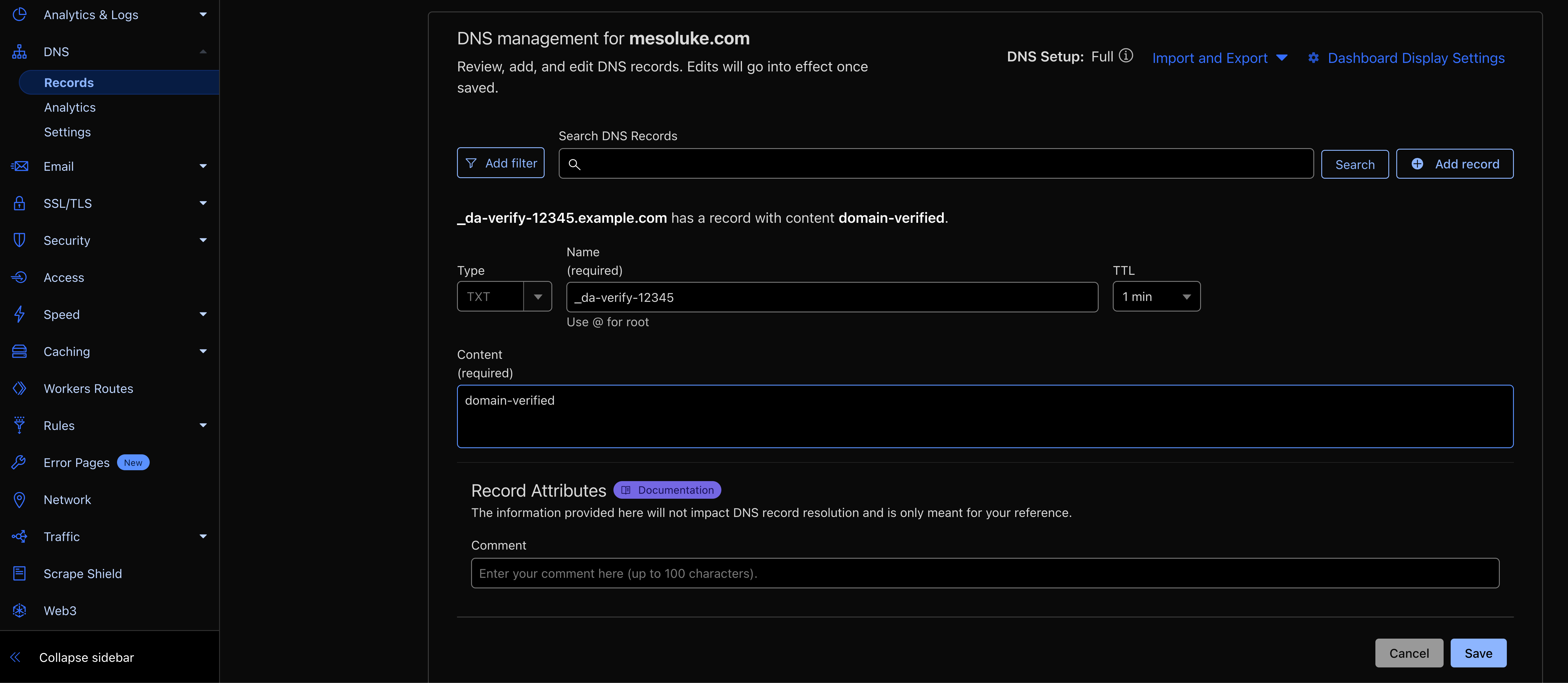 Screen capture of Cloudflare DNS settings