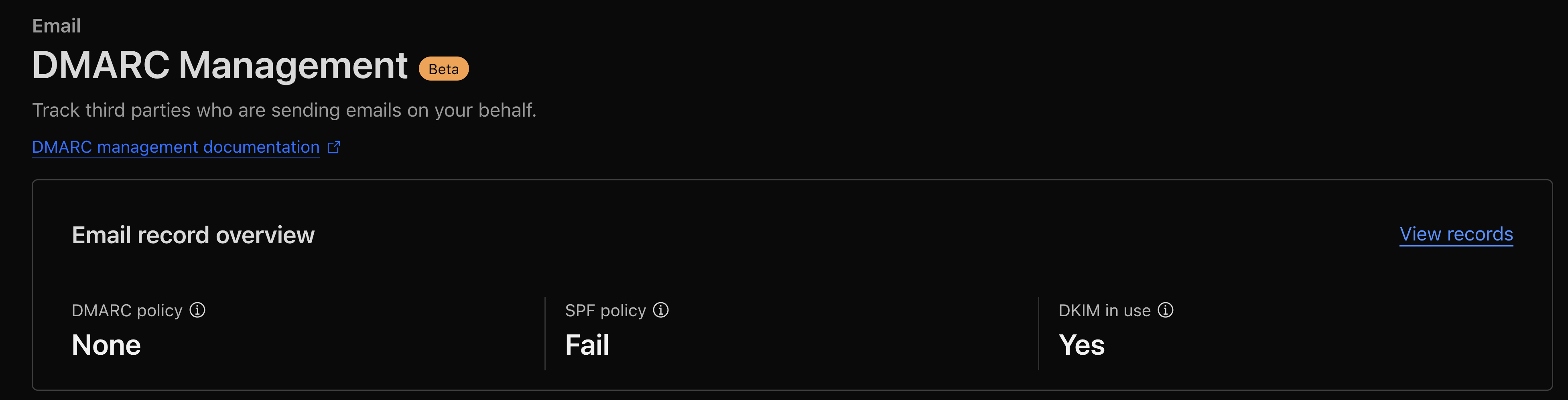 Screen capture of DMARC Management screen