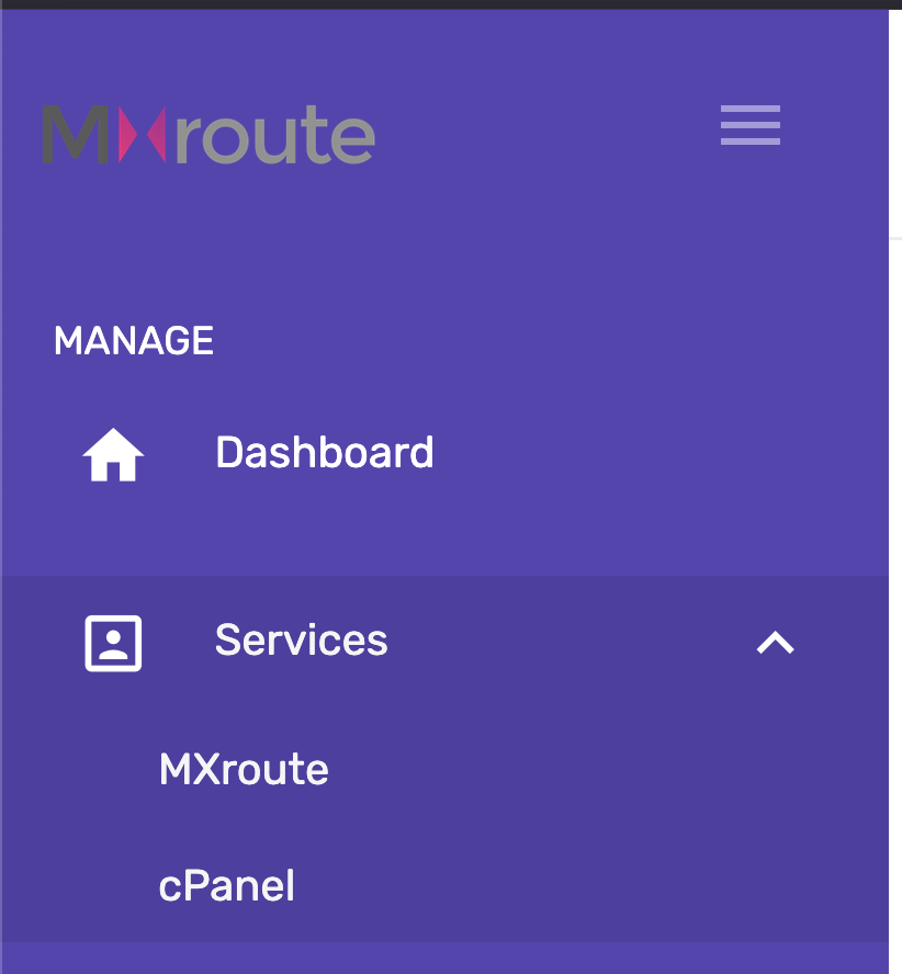 Screen capture of Mxroute menu showing both the MXroute and the cPanel service types